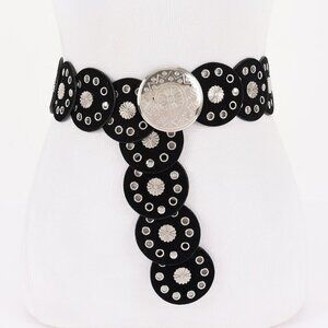 BNWT Rivet Faux Leather Disk Statement Western Round Buckle Belt Wide Be…